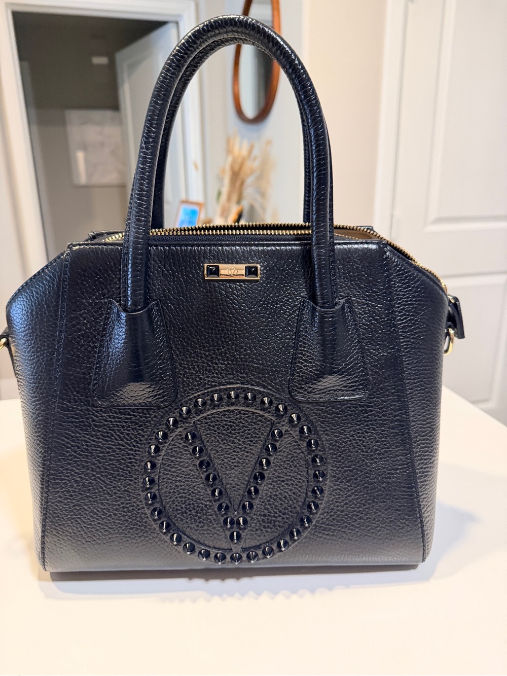 Mario Valentino Black Leather Studded V Logo Satchel Made in Italy